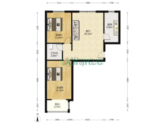 开发区 双语 南北2居低楼层 满二 带装修 拎包入住-户型图