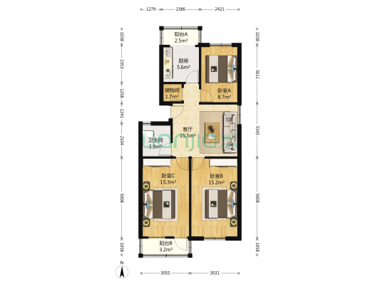 二合里小区 3室1厅1卫 89平方