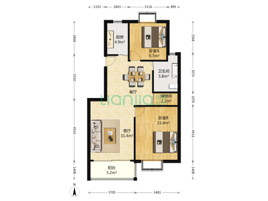 城市恬园 2室1厅1卫 99平方