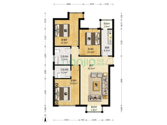 望潮家园 3室1厅2卫 128平方