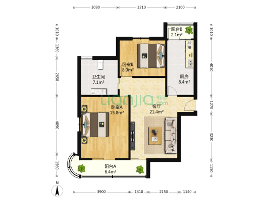 和泰花园 2室1厅1卫 113平方