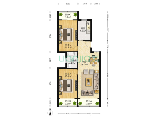海鹏公寓 2室2厅1卫 100平方