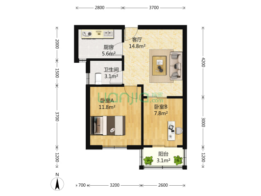 美兰金色宝邸 2室1厅1卫 66平方