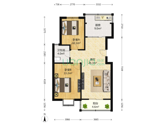 春天花园 2室1厅1卫 98平方
