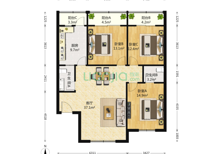 西井小区 3室1厅2卫 134㎡ 户型