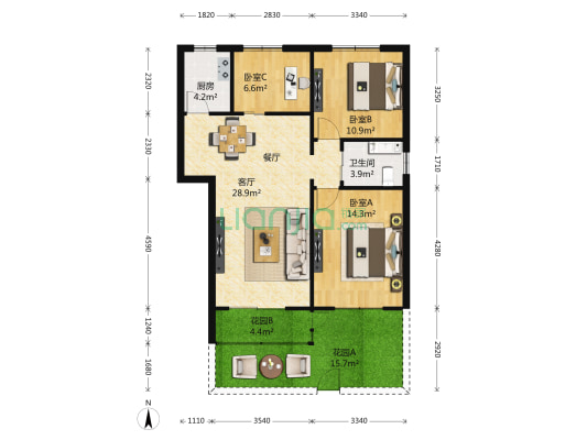 广厦公寓 3室2厅1卫 100平方