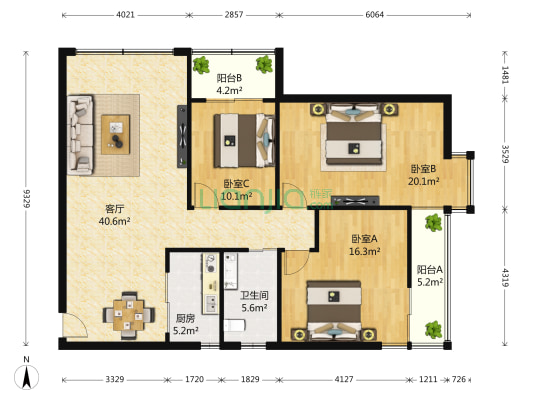 东城风景 3室1厅1卫 136平方