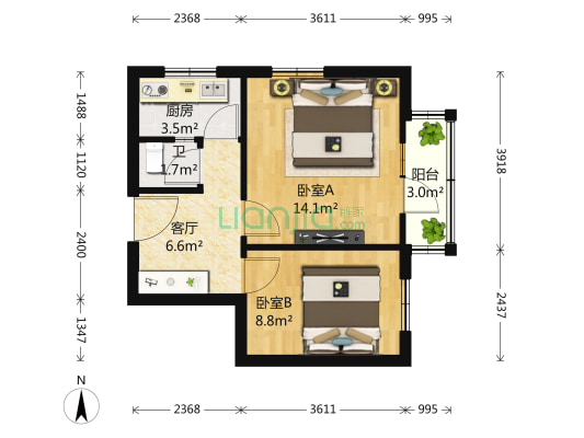 定福庄中学 2室1厅1卫 51平方