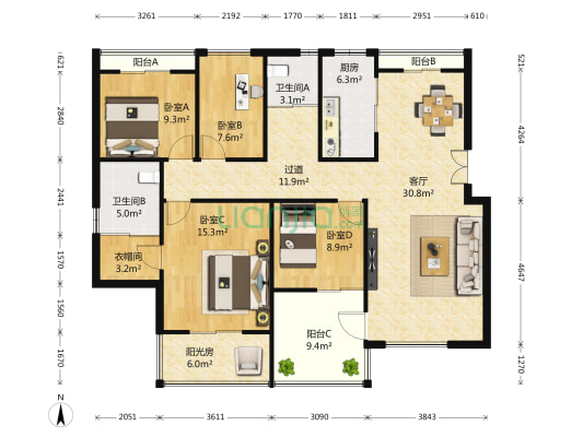南山巴黎印象 4室1厅2卫 141平方