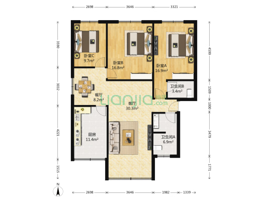 明发商城 3室2厅2卫 128平方