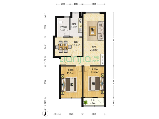 质检局宿舍 2室2厅1卫 96平方