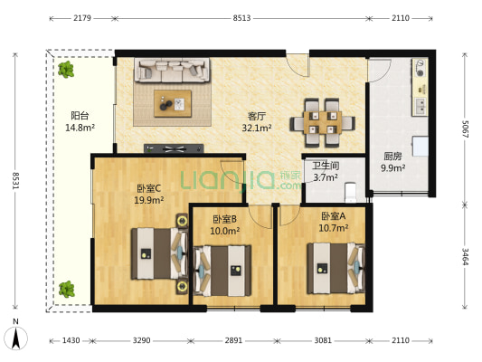 滨洲花园 3室1厅1卫 109平方