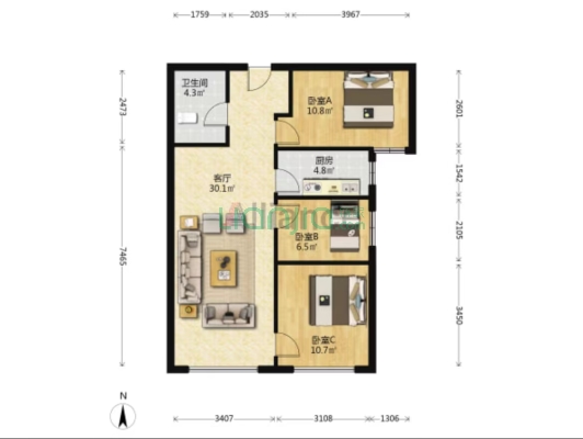 【鸿坤理想湾】全阳小三居室，婚房装修，东户无遮挡-户型图