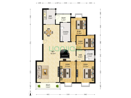 世纪阳光花园紫阳苑 4室1厅2卫 189平方