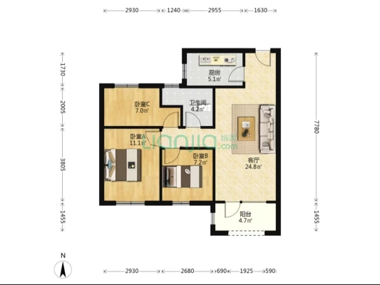 涿州城西 桃源新都孔雀城91平全明三居室采光无遮挡-户型图