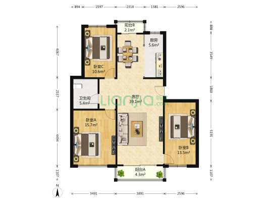 星加坡花园 3室1厅1卫 121平方