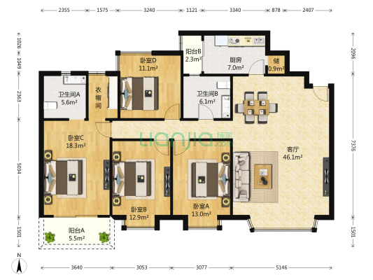 农商银行宿舍 4室1厅2卫 165平方