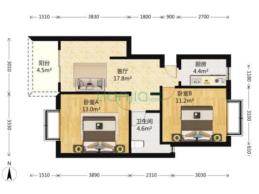绿地东上海二期 2室1厅1卫 88平方