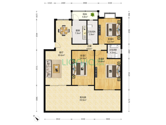 花园二村 3室2厅2卫 132平方