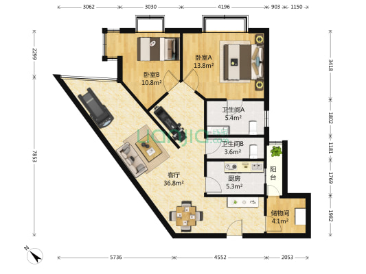 锦江花园城 2室1厅2卫 129平方