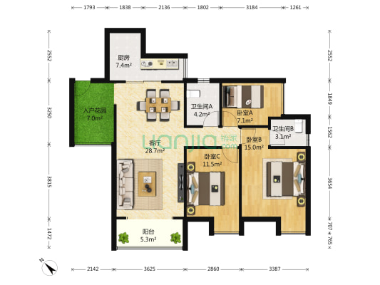 保利可爱岛 3室1厅2卫 108平方
