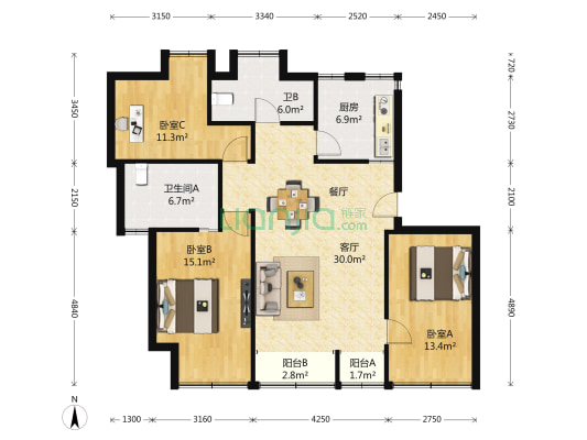 银泰花园一期 3室2厅2卫 114平方