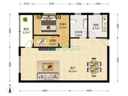景泰大厦 2室1厅1卫 115平方
