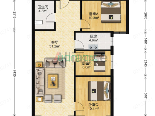 鸿坤全南向小三居，简单装修，楼位置好，采光没有影响-户型图