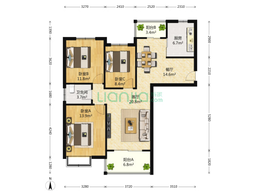 汇业公寓 3室2厅2卫 115平方