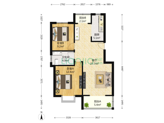 花溪苑 2室1厅1卫 90平方