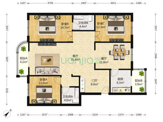 珠江小区 3室2厅2卫 148平方