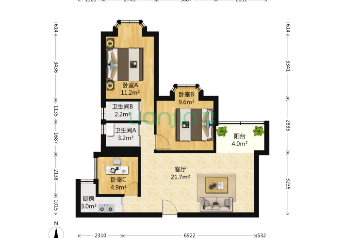 福民大厦 3室1厅2卫 80㎡ 户型