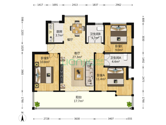 麒麟山庄 3室1厅2卫 115平方