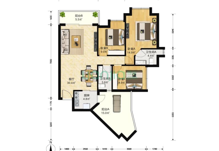 尚都一期 3室1厅2卫 106㎡ 户型