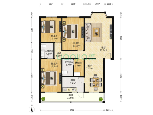 粟苑 3室2厅2卫 130平方