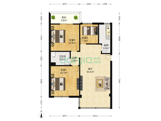 金山花园 3室1厅1卫 106平方