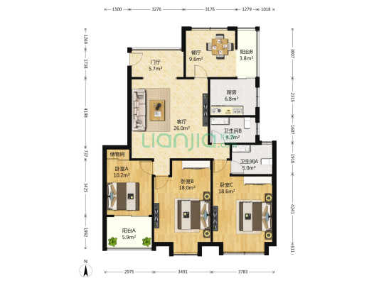 天琴湾花园 3室2厅2卫 134平方