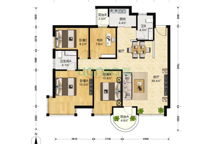 翠海花园一期 4室1厅2卫 105㎡ 户型