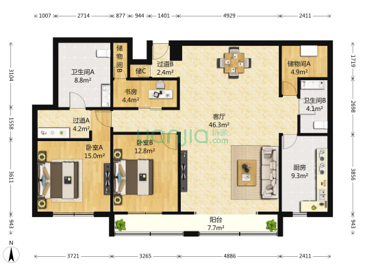 世茂宫园 3室1厅2卫 173平方