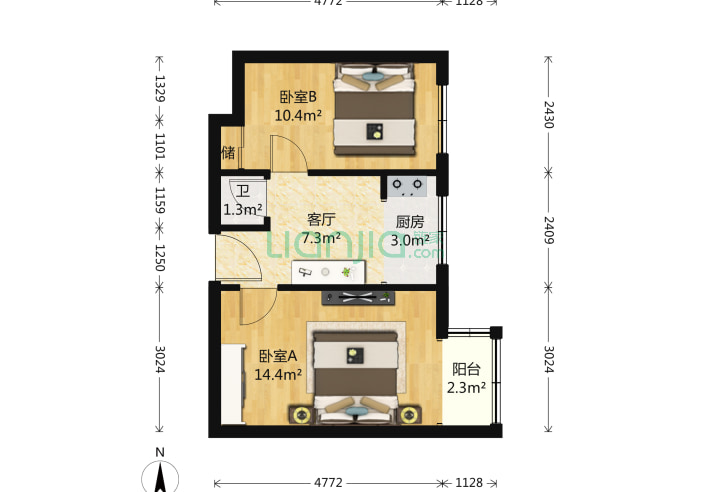 2室1厅1卫50.3㎡-北京魏公村小区户型图