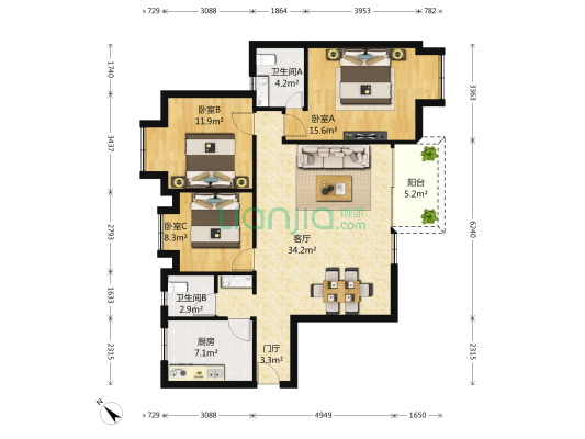 万科魅力之城三期 3室1厅2卫 119平方