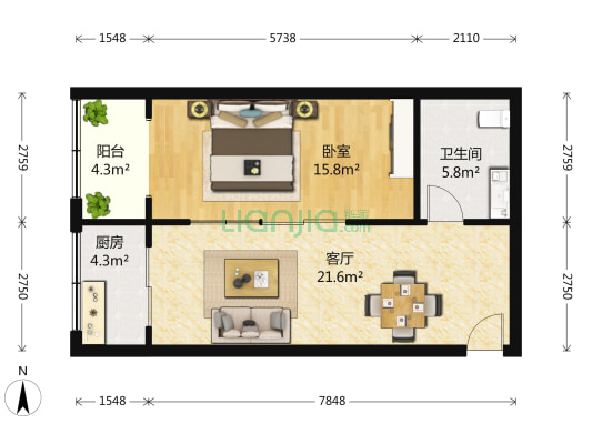 银领汇都 1室1厅1卫 75平方