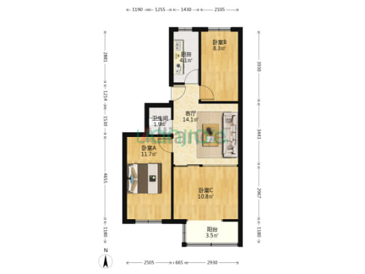 保定第二中心医院住宅小区 3室1厅 南 北 南 北-户型图