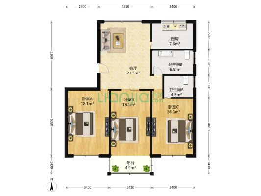 东城花苑二村一区 3室1厅2卫 121平方