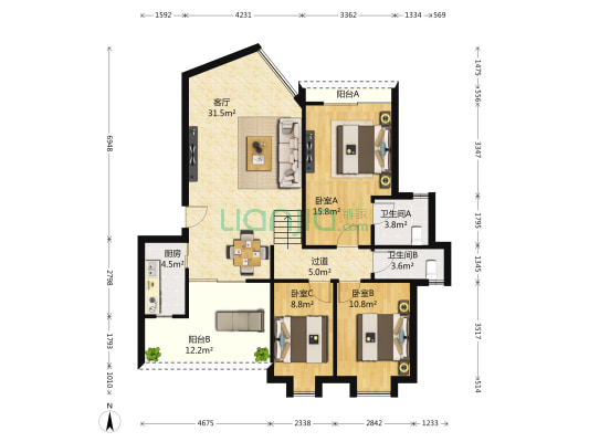 城市假日花园 3室1厅2卫 114平方