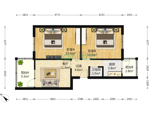 外化成五里墩中二巷1号 2室1厅1卫 63平方