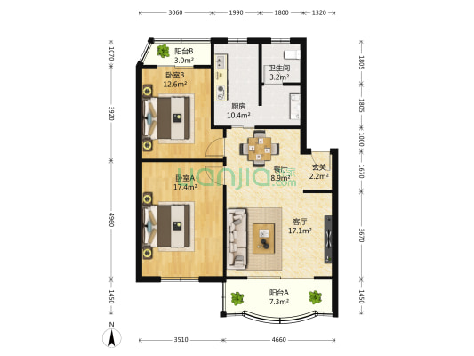 新逸仙公寓 2室2厅1卫 92平方
