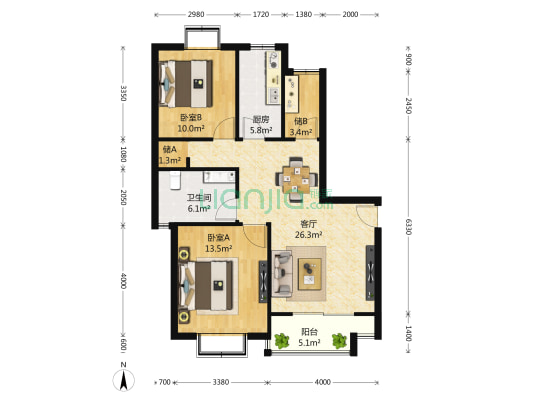 大华颐和华城 2室1厅1卫 105平方