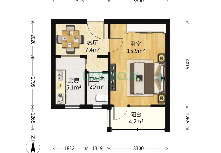 1室1廳1衛43㎡-北京中關村北一條戶型圖