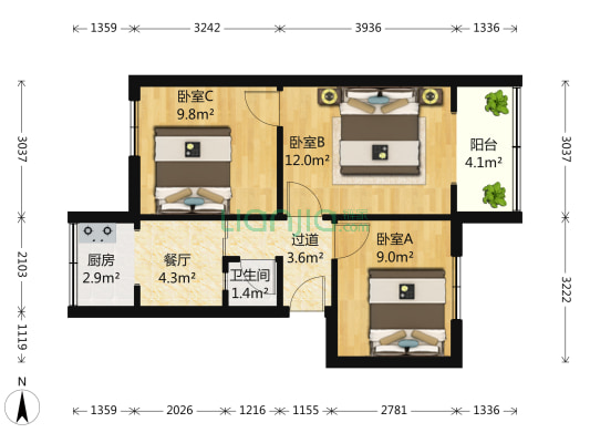 一环路东四段79号 3室1厅1卫 57平方